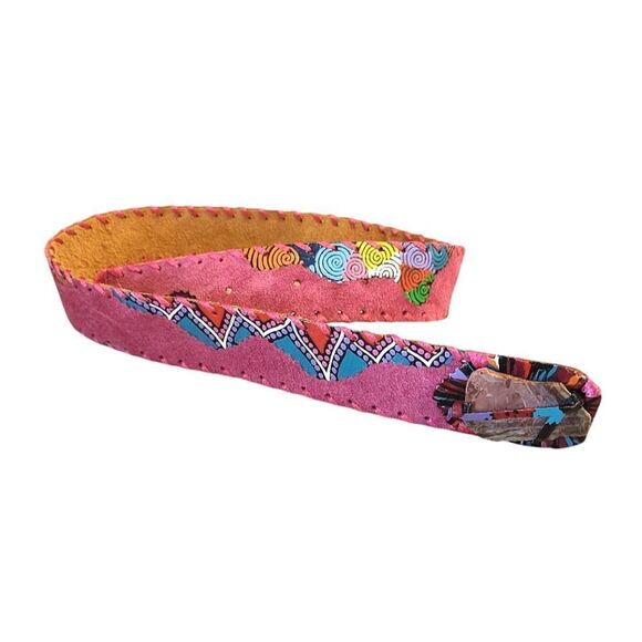 VTG 80s Colorful Hand Painted Southwestern Leather Tooled Belt 36\